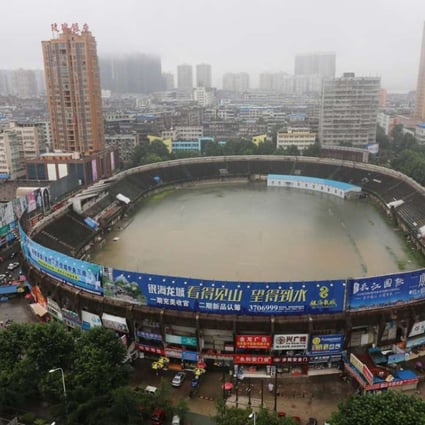 A stadium is flooded after heavy rainfall in Ezhou, Hubei province. Photo: Reuters