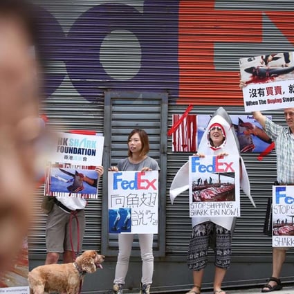 Activists from WildAid Hong Kong and the HK Shark Foundation protest against shark fin shipments at a FedEx depot in Kennedy Town. Photo: Nora Tam