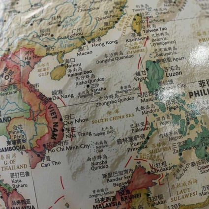 The South China Sea (centre) as portrayed on a globe for sale at a bookstore in Beijing. Photo: AFP