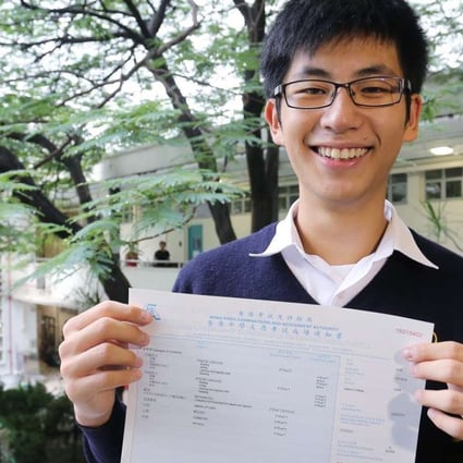 Proud student Wong Ho-sum, from Queen’s College in Causeway Bay, with his Diploma of Secondary Education exam results. Photo: Dickson Lee