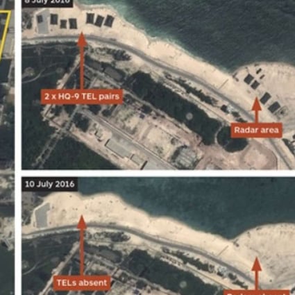 Airbus Defence and Space imagery shows the removal of HQ-9 strategic missile components from Woody Island. Photo: SCMP Pictures