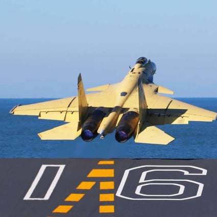 A carrier-borne J-15 fighter jet takes off from the Liaoning aircraft carrier. Photo: Xinhua
