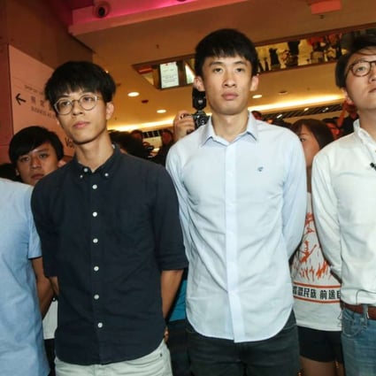 (Left to right) Li Tung-sing, Ray Wong Toi-yeung, Baggio Leung Chung-hang, and Edward Leung Tin-kei meeting the media at Kowloon Bay on Tuesday. Photo: David Wong