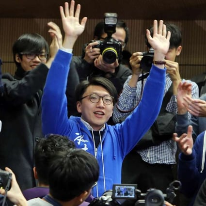 Edward Leung waves to supporters during the New Territories East by-election in February. Photo: Dickson Lee