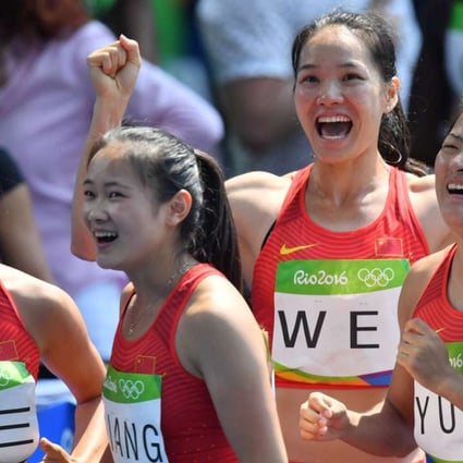 China’s Ge Manqi, Liang Xiaojing, Wei Yongli and Yuan Qiqi were denied a place in the 4x100m relay final in the cruellest of circumstances. Photo: AFP