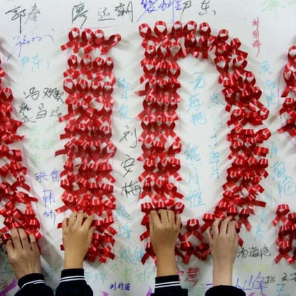 Chinese pupils use handmade red ribbons to form 'AIDS' one day ahead of World AIDS Day. Photo: AFP
