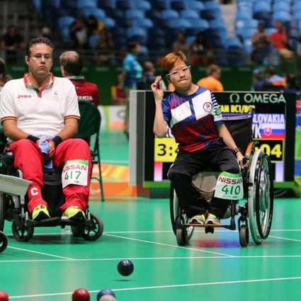 Leung Yuk-wing (left) and Lau Wai-yan in the boccia mixed pairs event. Photo: Hong Kong Paralympic Committee.