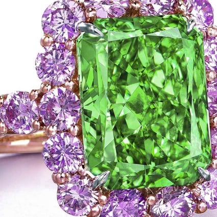 The Aurora Green, the largest, natural fancy vivid-green diamond in the world, is rectangular cut and 5.03ct. Photo; Christie’s