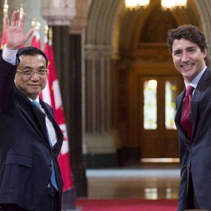 Premier Li Keqiang pictured with Canadian Prime Minister Justin Trudeau during a press conference on Parliament Hill in Ottawa. Photo: Xinhua