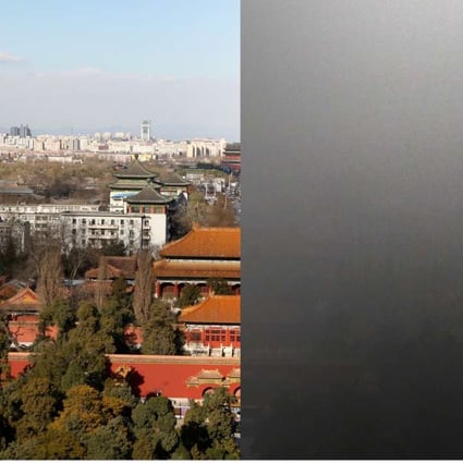 A photograph, combining two images, showing Beijing from the top of Jingshan Park – one with blue sky (left) taken on December 2, 2015, and the other with serious smog taken one day before, on December 1. Photos: Simon Song