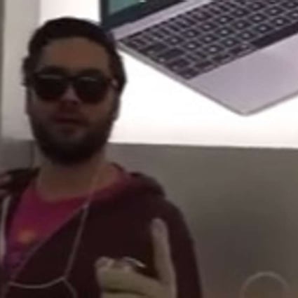 The scene, captured on camera and posted on the Internet, has gone viral in France. In it, the man walks into the store in a shopping mall in Dijon, central-eastern France, and pounds the screens of Apple products with a heavy fist-sized metal ball. Photo: YouTube
