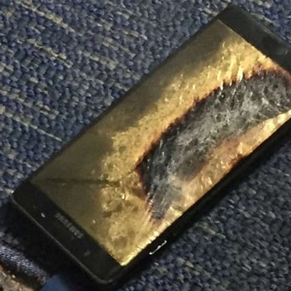 A burned Samsung Note 7 smartphone belonging to Brian Green. The replacement model of the fire-prone smartphone began smoking inside a Southwest Airlines plane on October 5. Photo: Reuters