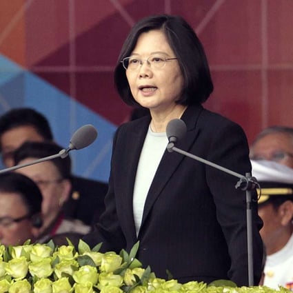 Taiwan's President Tsai Ing-wen delivers her National Day speech in front of the Presidential Building in Taipei on Monday. Photo: AP