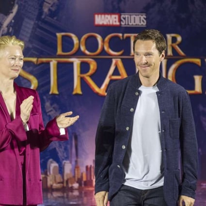 Tilda Swinton and British actor Benedict Cumberbatch promote Doctor Strange in Hong Kong. Photo: EPA