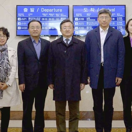 China’s Deputy Foreign Minister Liu Zhenmin (centre) poses for a photo in Pyongyang, North Korea, upon his arrival at the airport on Monday. Photo: Kyodo