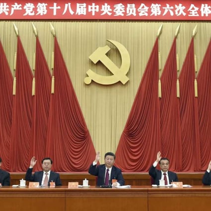 Members of the Politburo Standing Committee attend the Central Committee’s sixth plenum last week. Photo: AP