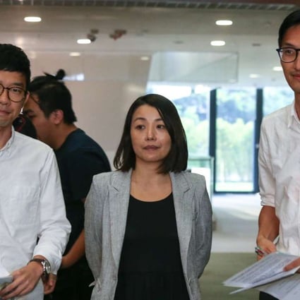 New lawmakers Nathan Law, Lau Siu-lai and Eddie Chu in Legco on Monday. Photo: Dickson Lee