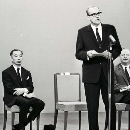 Governor Sir David Trench speaking at the opening ceremony of HK-TVB. Sitting behind are the management of Hong Kong Television Broadcasts Limited, (from left) Run Run Shaw, Harold Lee Hsiao-wo, J. D. Clague and P. Y. Tang. Picture: SCMP