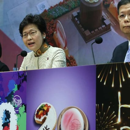 Betty Fung, permanent secretary for Home Affairs; Carrie Lam Cheng Yuet-ngor, Chief Secretary; and Gordon Leung, director of Project Planning Office, in Admiralty on Friday explaining the anniversary preparations. Photo: Dickson Lee