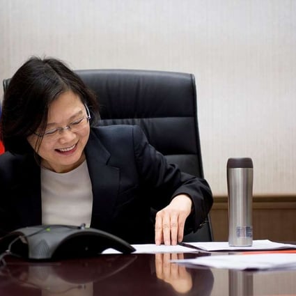Taiwan’s President Tsai Ing-wen on the phone with US president-elect Donald Trump at her office in Taipei. Photo: SCMP Pictures