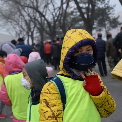 Children wearing face masks in heavy smog in Beijing on Wednesday. Photo: AFP