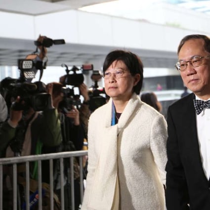 Former Hong Kong chief executive Donald Tsang (right) accompanied by his wife Selina Tsang outside the High Court on Tuesday. Photo: Xiaomei Chen