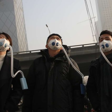 People wear ‘portable clean-air system’ masks in Beijing’s central business district on January 3. Photo: Simon Song