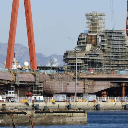 Mainland China's first domestically made aircraft carrier, the Shandong, pictured during construction in Dalian in December 2016. Photo: Kyodo