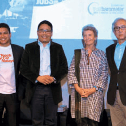 (From left) Edelman Southeast Asia and Australasia chief executive officer Iain Twine, co-founder and managing director of Teach for Malaysia Dzameer Dzulkifli, Khairul, Munro-Kua, Ho and Kay at the Malaysian launch of the 2017 Edelman Trust Barometer. Photo: Kenny Yap/The Edge