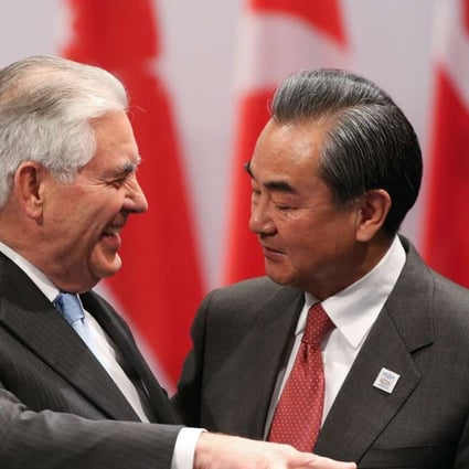 US Secretary of State Rex Tillerson with Foreign Minister Wang Yi at the G20 foreign ministers meeting in Bonn. Photo: AFP