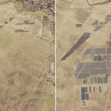 Satellite images of Longyangxia Dam Solar Park in China in April 2013 (left) and January 2017. Photos: Nasa