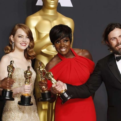 Oscar winners Mahershala Ali, for best supporting actor in Moonlight, Emma Stone, for best actress in La La Land, Viola Davis, for best supporting actress in Fences and Casey Affleck, for best supporting actor in Manchester by the Sea. Only one of the four films was backed by a major studio. Photo: EPA