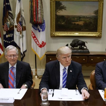 US President Donald Trump hosts a meeting with the House and Senate leadership in the White House on March 1. Among the attendees are (from left) House Republican leader Kevin McCarthy, Senate Republican leader Mitch McConnell and House Speaker Paul Ryan. Photo: AP