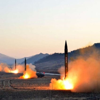 An undated picture released by North Korea's Korean Central News Agency on Tuesday shows the launch of four ballistic missiles during a military drill at an undisclosed location in North Korea. Photo: AFP
