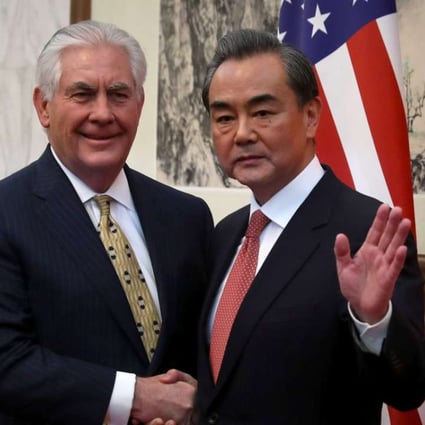 US Secretary of State Rex Tillerson shakes hands with Chinese Foreign Minister Wang Yi before a bilateral meeting at the Diaoyutai State Guesthouse in Beijing on March 18. Photo: Reuters