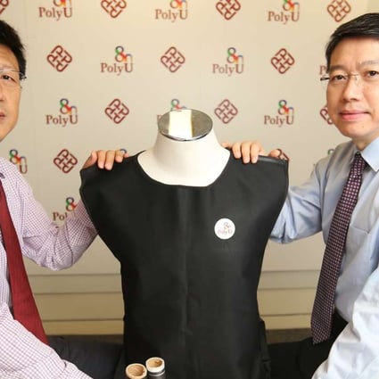 Professor Fei Bin (left) and Professor John Xin Haozhong(Xin is family name) with their protective vest. Photo: Xiaomei Chen