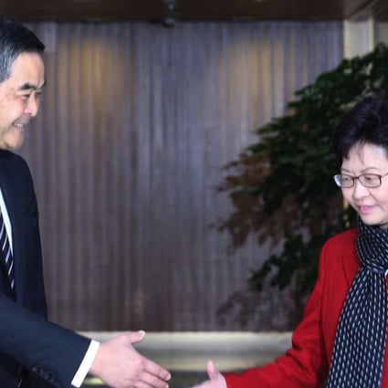 Chief executive-elect Carrie Lam Cheng Yuet-ngor (right) has recorded a higher popularity rating than her predecessor Leung Chun-ying (left), according to the latest HKU opinion poll. Photo: Felix Wong