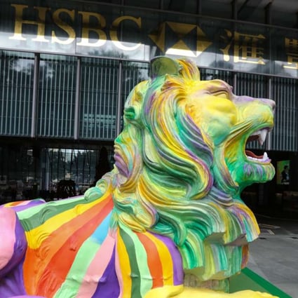A rainbow lion created by LGBT artist Michael Lam and displayed outside HSBC headquarters in Central last year. Photo: Felix Wong