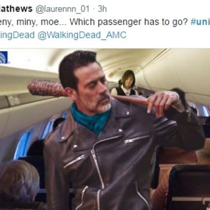 Twitter user Lauren Mathews superimposed an image of Negan, a brutal character from TV series The Walking Dead, brandishing a barbed-wire-wrapped baseball bat in an airline cabin in a “call for volunteers” – one of many memes and GIFs posted to mock United Airlines’ handling of Sunday’s incident at Chicago airport. Photo: courtesy of Twitter