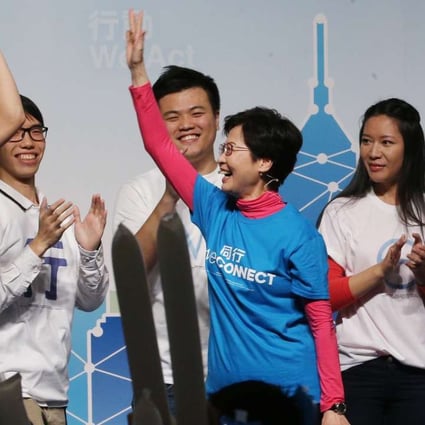 Carrie Lam Cheng Yuet-ngor shares the stage with young people on her campaign team, during her election run. Photo: Sam Tsang