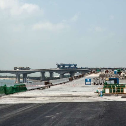 A section of the Hong Kong-Zhuhai-Macau Bridge under construction as of March 28, 2017. The bridge will cut Hong Kong’s travelling time to Macau from three hours to a mere 30 minutes. Photo: Bloomberg