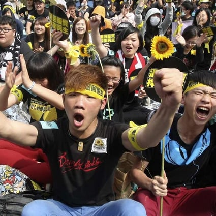 Sunflower movement demonstrators shout slogans in front of the Presidential Office in Taipei in March 2014. Photo: Reuters