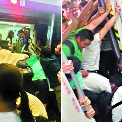 Commuters united to free the woman whose leg got trapped in between a subway train carriage and the platform in Guangzhou. Photo: Handout