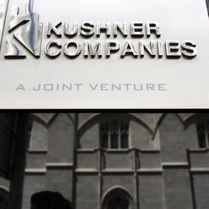 The sign for the Kushner Companies, a real estate development firm owned by the family of Jared Kushner, in New York. The firm was criticised over the weekend for invoking Jared Kushner's name, who is the son-in-law of President Donald Trump, during a promotional meeting in China about real estate development in New Jersey. As a result, Kushner Co also withdrew from another presentation in Shenzhen on Saturday. Photo: EPA