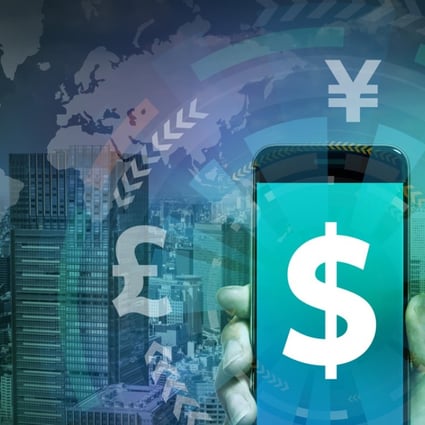 *** ONE TIME USE ONLY ***smart phone and financial technology (FinTech), US dollar and key currency symbols, worldwide trading, abstract image visual
