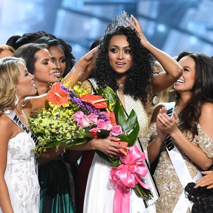Miss District of Columbia Sara McCullough (centre) is surrounded by fellow contestants after she was crowned Miss USA 2017 at the Mandalay Bay Events Centre in Las Vegas on Sunday. Photo: AFP