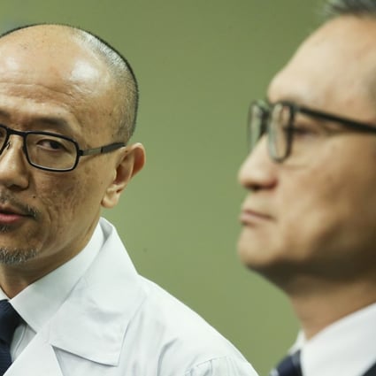 United Christian Hospital chief executive Dr Chui Tak-yi (right) and Dr Kung Kam-ngai, chief of service at the hospital’s department of medicine and geriatrics, attend a press conference on May 9. The hospital publicly admitted making a mistake in the treatment of Tang Kwai-sze, one month after it first discovered the issue. Photo: Dickson Lee