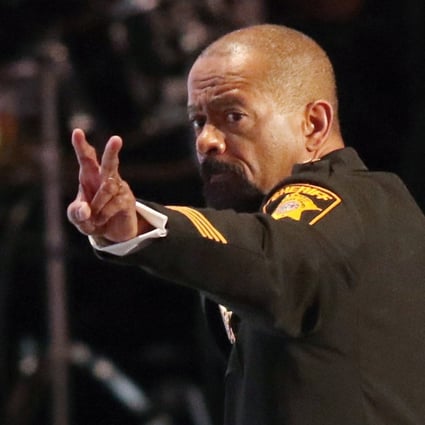 David Clarke gestures after speaking at the Republican National Convention. Photo: Reuters