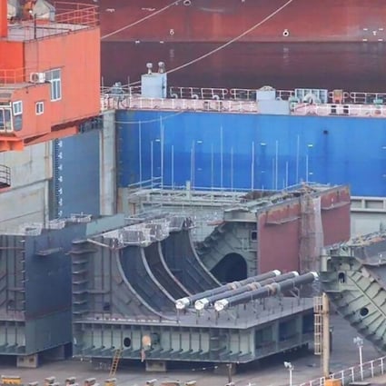 Huge ship components spotted at the Dalian shipyard in Liaoning province prompted speculation the shipbuilder had begun building a next-generation Type 002 aircraft carrier. Photo: Handout