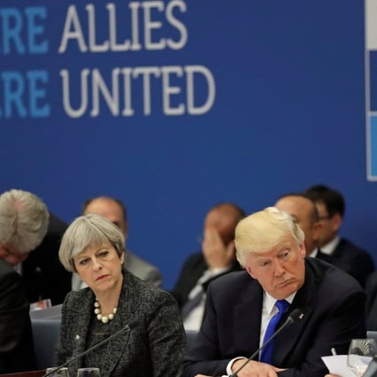 From L-R, Turkish President Recep Tayyip Erdogan, Britains's Prime Minister Theresa May, US President Donald Trump and NATO Secretary General Jens Stoltenberg attend a working dinner meeting at the NATO headquarters during a summit of the heads of state and government in Brussels, Belgium. Photo: Reuters